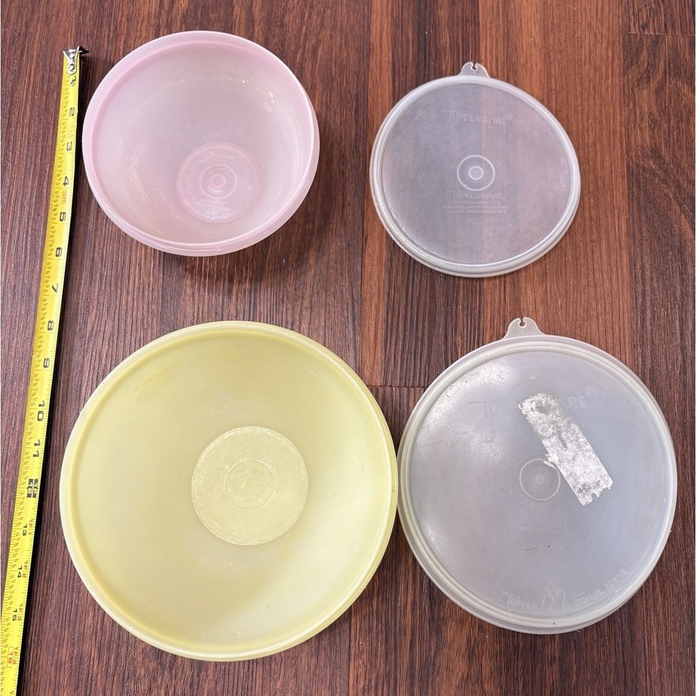 Vintage Tupperware Yellow Pink Wonderlier Bowl with LID Set Of 2